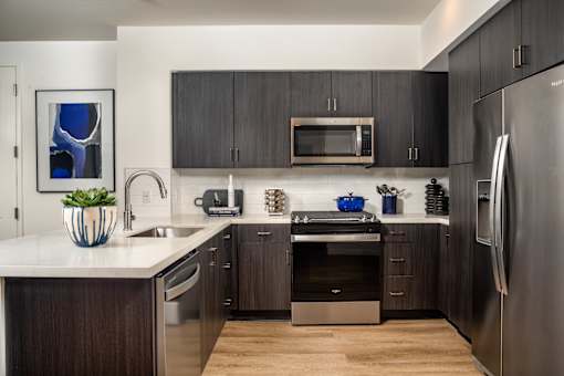A modern kitchen with dark wood cabinets and stainless steel appliances.