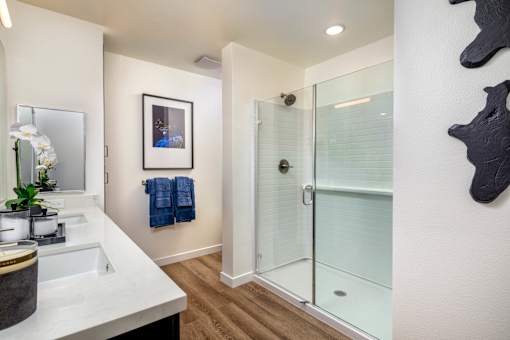 A bathroom with a white sink and a glass shower door.