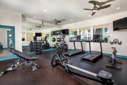 A gym with a variety of equipment including treadmills, exercise bikes, and weights.