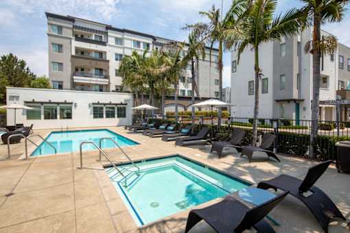 A large swimming pool surrounded by lounge chairs and palm trees.