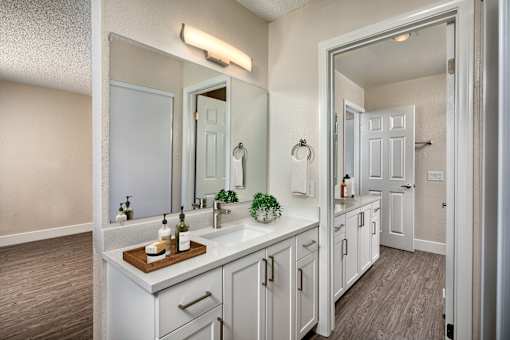 A bathroom with a vanity and a mirror.