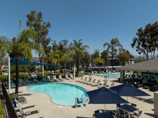 a swimming pool with chairs and umbrellas