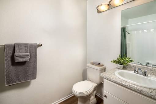 A bathroom with a toilet, sink, and a towel rack.