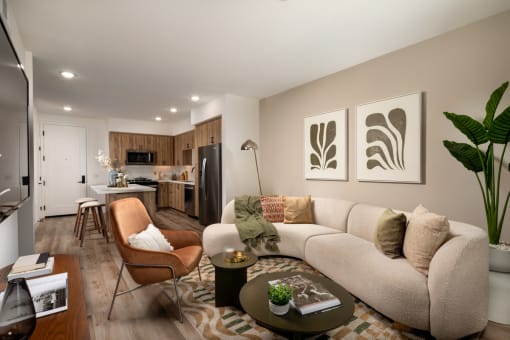 a living room with a couch and a table