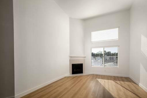 A room with a fireplace and a window.