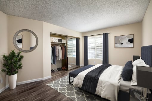 a bedroom with a large closet and a bed and a window