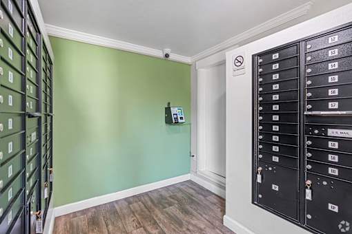 A wall of mailboxes against a green wall.