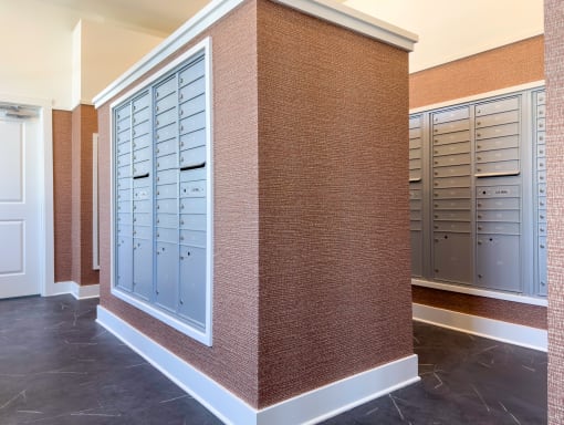 Mail room with lockers and doors
