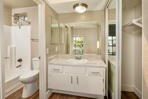 A bathroom with a toilet, sink, mirror and closet.
