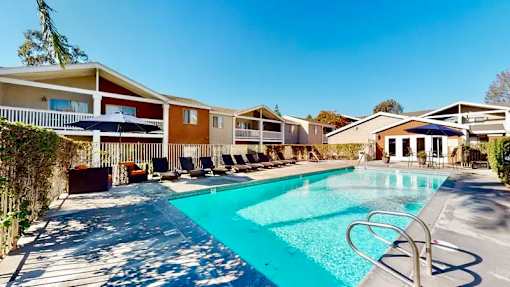 A swimming pool surrounded by sun loungers.