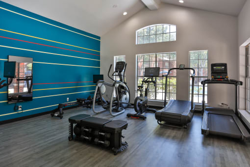 a gym with cardio equipment and weights at The Quarry Alamo Heights, San Antonio