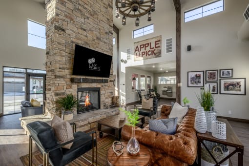Clubhouse with couches and a fireplace