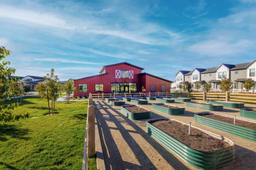 a community garden in front of a red barn