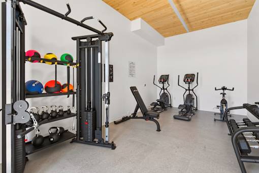 A gym with a variety of equipment including weights, a squat rack, and exercise bikes.
