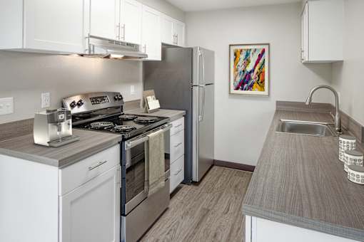 A modern kitchen with a stove, refrigerator, and sink.
