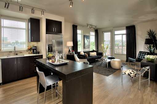 Open-concept kitchen and living room with large windows at Annadel, Santa Rosa, California apartments.