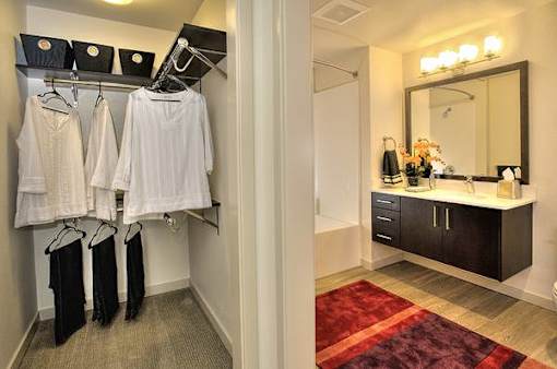 A bathroom with a red rug and a mirror.