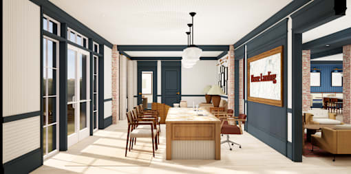 A room with a long table and chairs.
