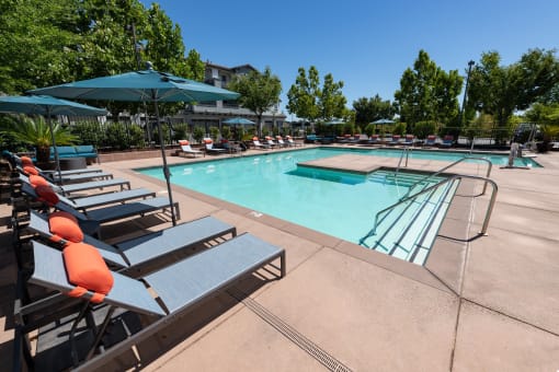 expansive pool with surrounding lounge chairs and umbrellas