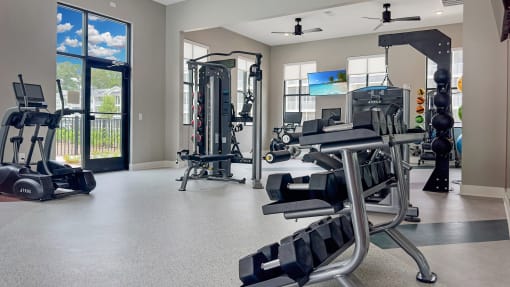 a gym with weights and cardio equipment at the district at highland village apartments