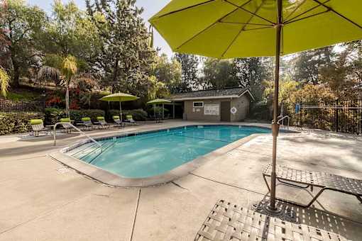 A yellow umbrella is next to a pool.