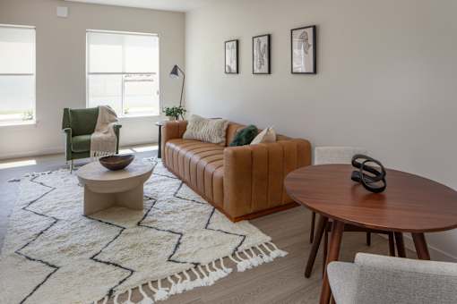 A living room with a green chair, a brown couch, and a white rug.