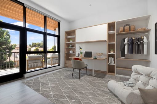 Living room with a couch and a desk and a window at Edendale Crossing, Los Angeles, CA 90026