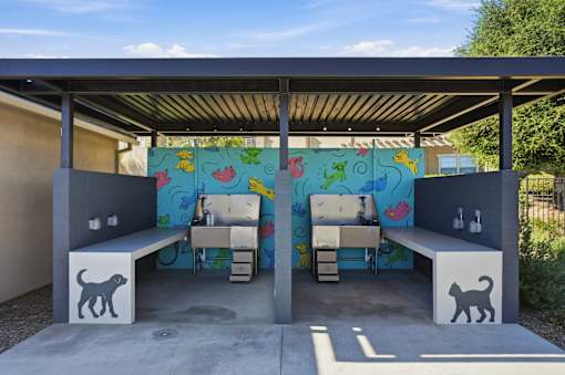 A playground with a mural of a cat and a dog.