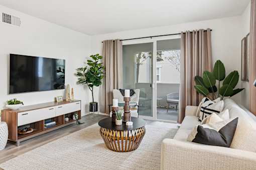 A living room with a television, a sofa, and a coffee table.