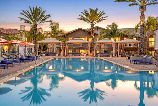A large swimming pool surrounded by palm trees and lounge chairs.
