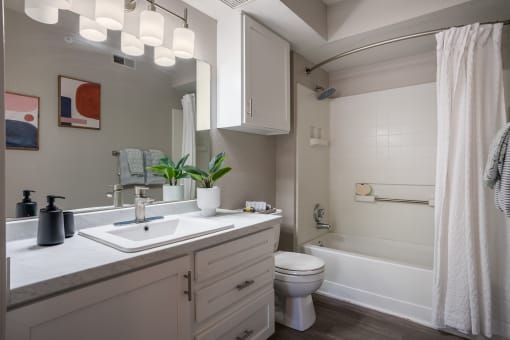 a bathroom with a sink toilet and bathtub in a 555 waverly unit at Odyssey Ridge, Albuquerque