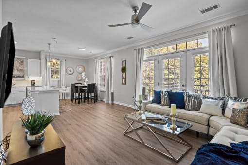 a living room with a couch and a table
