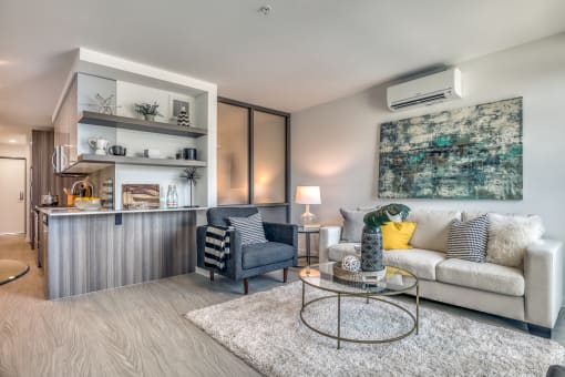 a living room with a couch and a coffee table