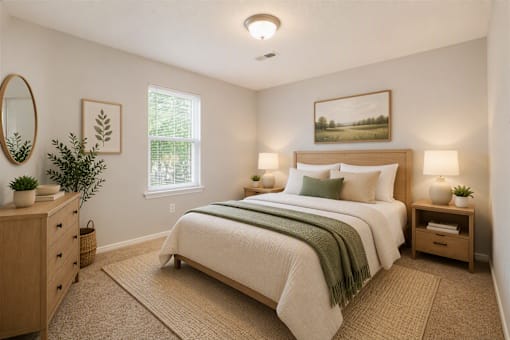 A bedroom with a large bed and a painting on the wall.