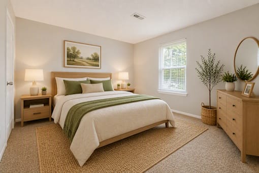 A bedroom with a large bed and a painting on the wall.