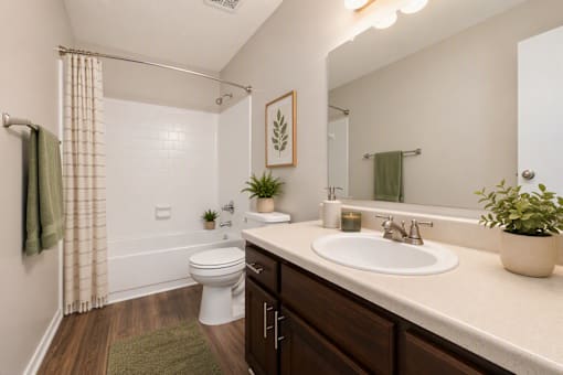 A bathroom with a toilet, sink, and mirror.