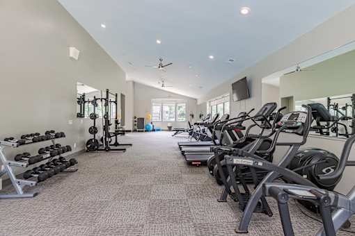 A spacious gym with a variety of equipment including treadmills, stationary bikes, and weight racks.
