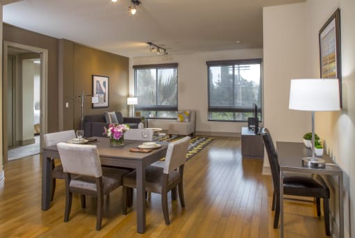 Dining to Living Room View at mResidences Miracle Mile, Los Angeles, CA
