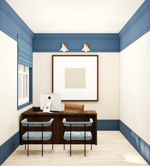 A room with a desk and chairs.