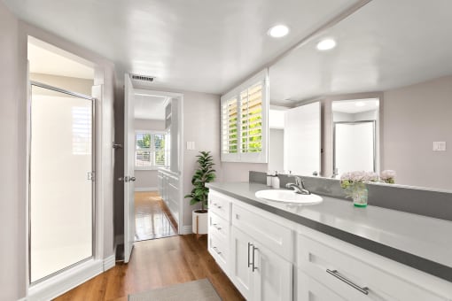 a bathroom with white cabinets and a gray countertop at Orange Grove Circle, Pasadena