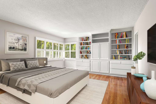 a bedroom with a bed and a bookcase at Orange Grove Circle, Pasadena, CA,91105