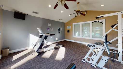 A home gym with a treadmill, weights, and a ceiling fan.