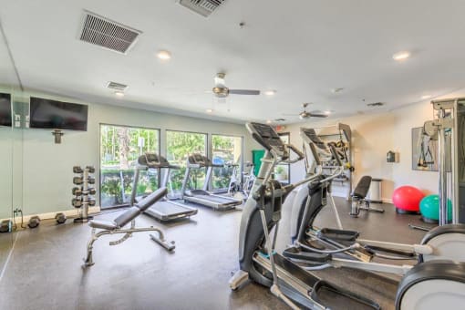 Fitness Center with Various Cardio and Weight Machines  at Stone Canyon Apartments, California