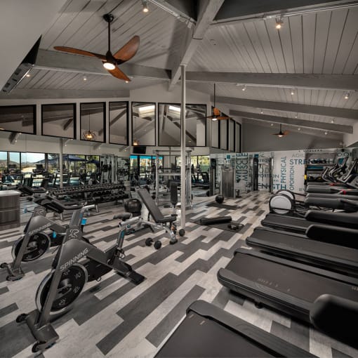 a gym with work out machines and treadmills and mirrors