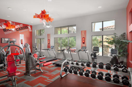 24 hour fitness center with cardio equipment and weights