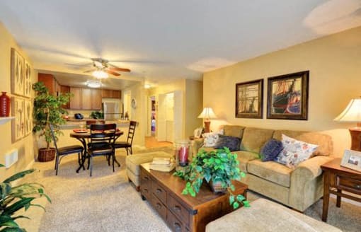 Model Apartment living room at Rising Glen, Carlsbad, 92008
