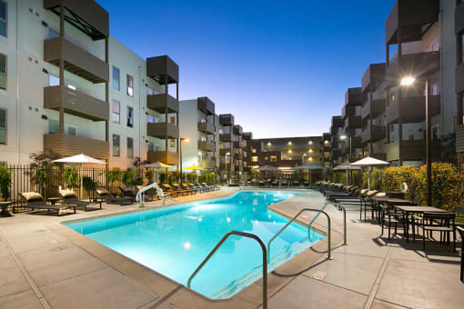Night view of outdoor community pool