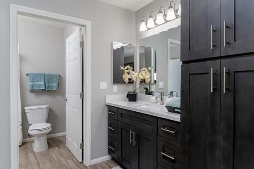 A bathroom with a white toilet, a sink with a mirror above it, and a cabinet with a door at The Casas Apartments, California, 92126