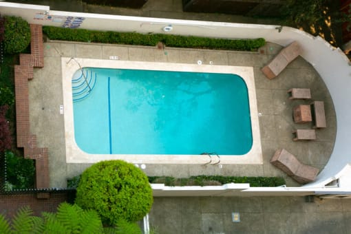 an aerial view of a swimming pool in a backyard