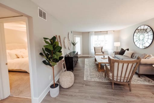 a living room with a couch and a table